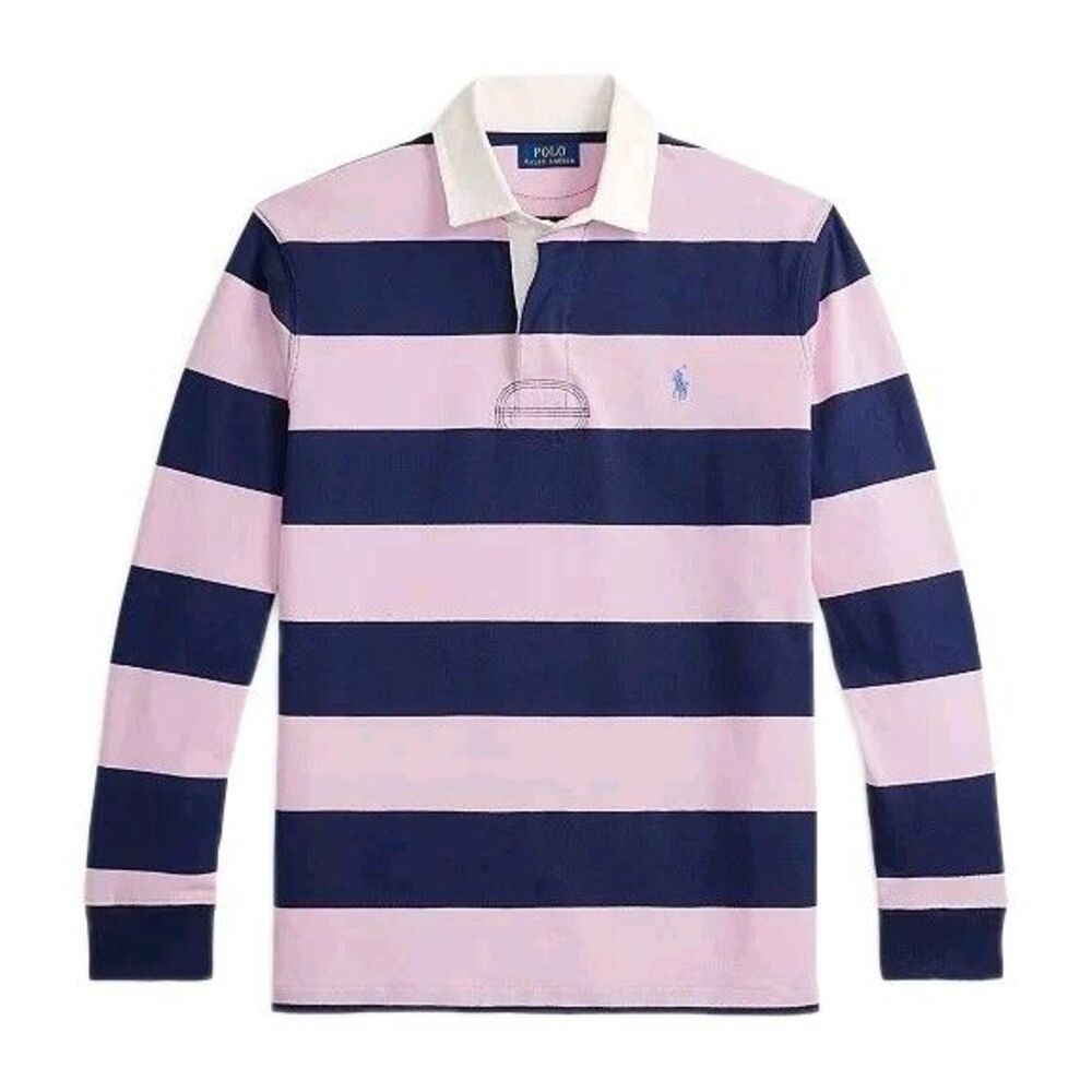 NWT Polo Ralph Lauren Pink Navy Striped Sz Large Mens Rugby Long Sleeve Polo